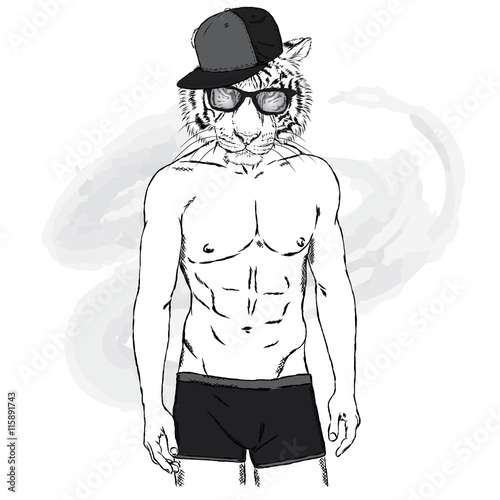 Fototapeta Naklejka Na Ścianę i Meble -  Tiger with a human body in swimming trunks. Vector  for greeting card, poster, or print on clothing and accessories.