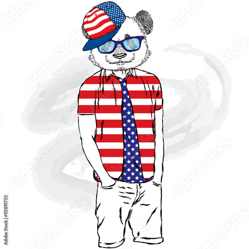 Fototapeta Naklejka Na Ścianę i Meble -  Panda hipster in summer clothes. The bear with the human body. Fashion & Style. Vector illustration.