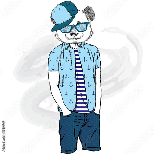 Fototapeta Naklejka Na Ścianę i Meble -  Panda hipster in summer clothes. The bear with the human body. Fashion & Style. Vector illustration.