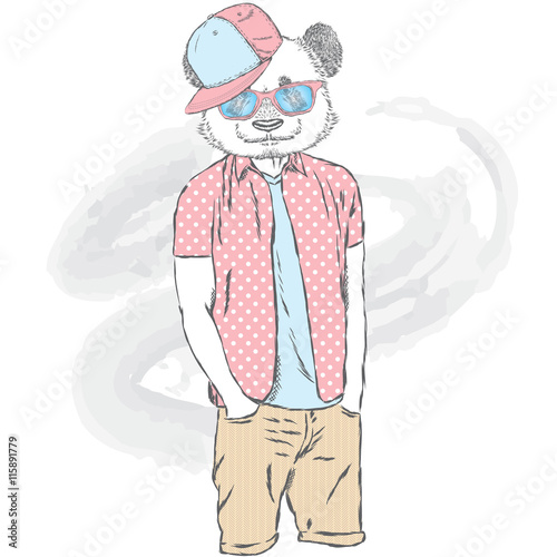 Fototapeta Naklejka Na Ścianę i Meble -  Panda hipster in summer clothes. The bear with the human body. Fashion & Style. Vector illustration.