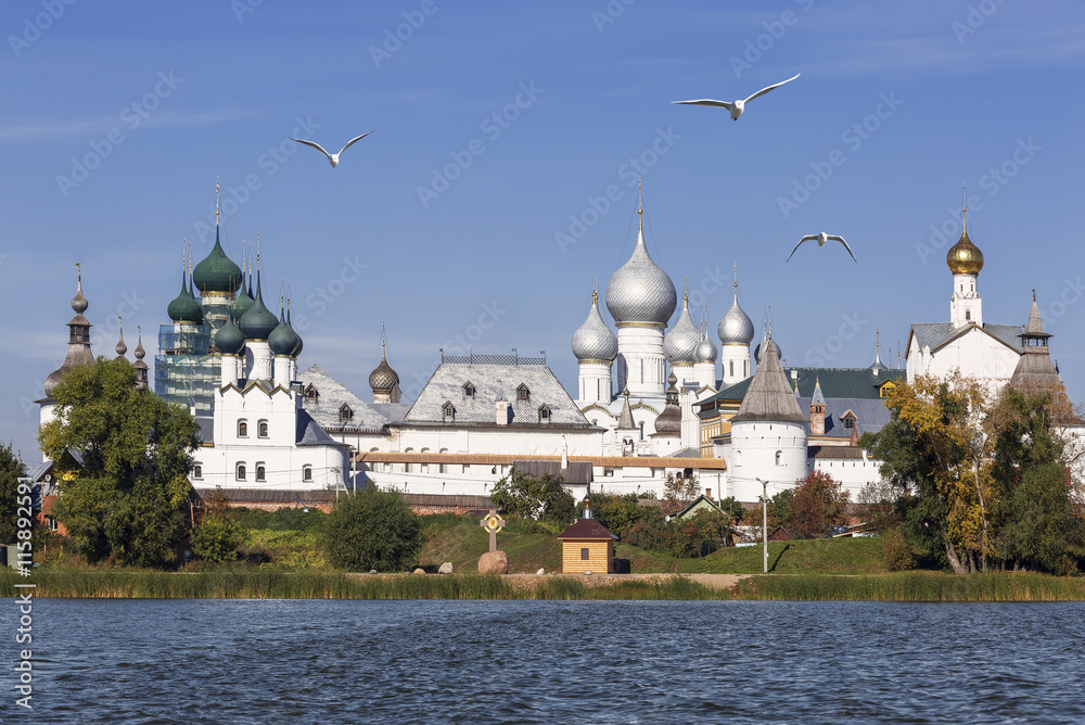 Panorama Kremlin of Rostov the Great, view from the lake Nero, Russia