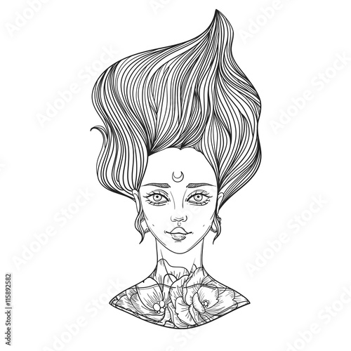 young beautiful woman with tattoo flower peony