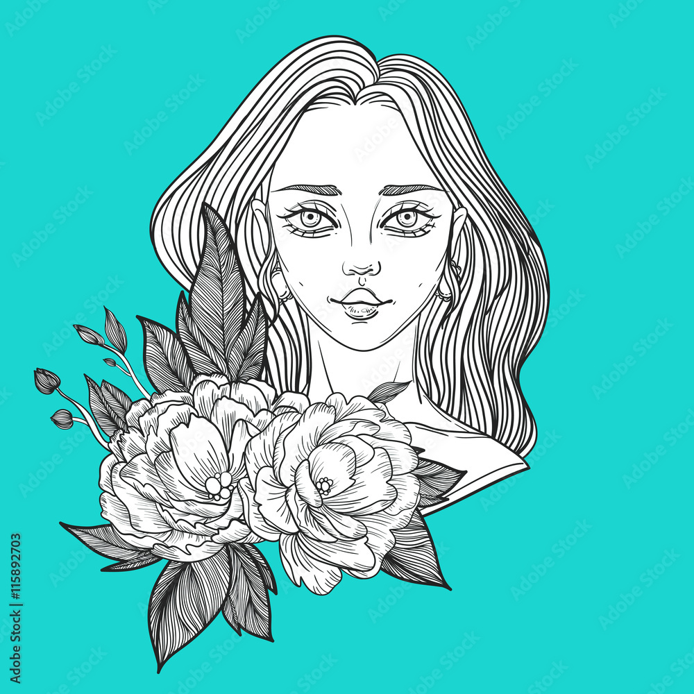 young beautiful woman with flower peony. tattoo poster young beautiful woman with flower peony. tattoo poster