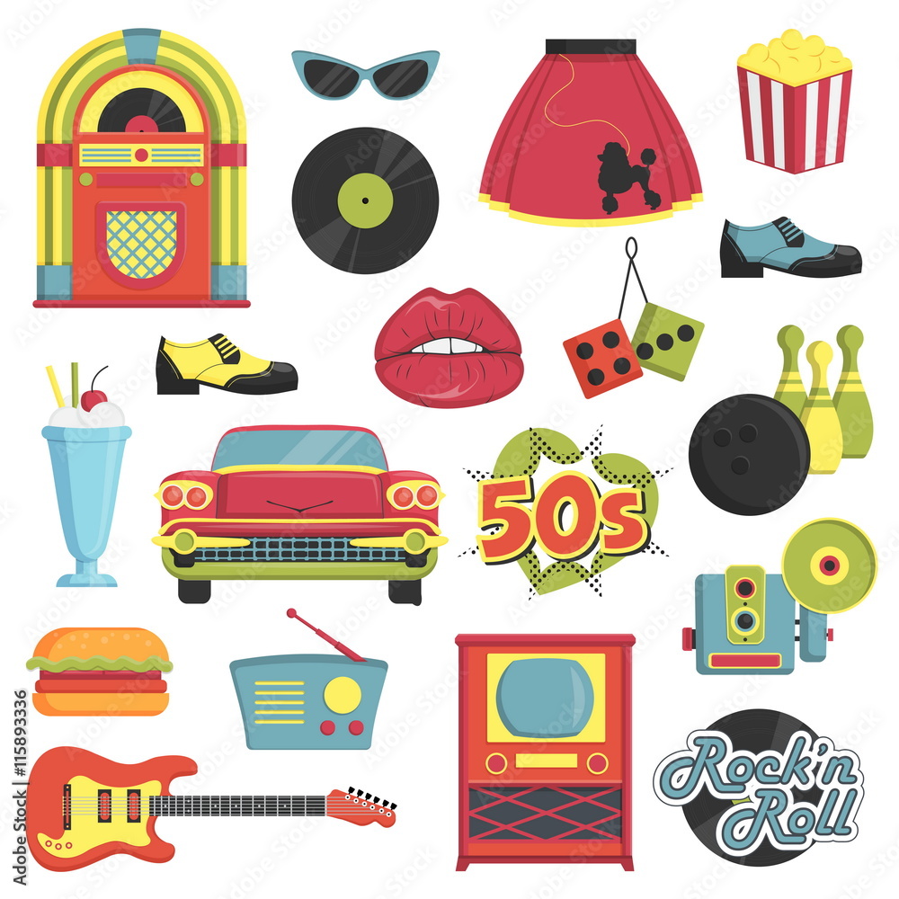 Collection of vintage 1950s style items symbolize the 50s decade fashion accessories, style attributes, leisure items and innovations. Stock Vector Adobe Stock