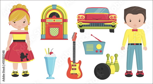 Collection of vintage retro 1950s style items that symbolize the 50s decade fashion accessories, style attributes, leisure items and innovations.