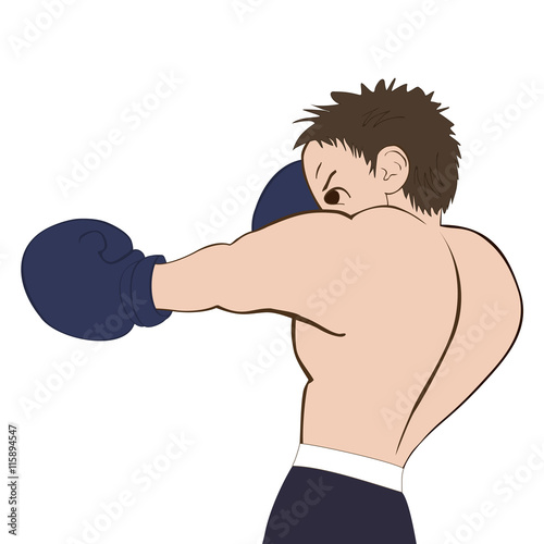 Young boxer in  dark shorts trained on white background