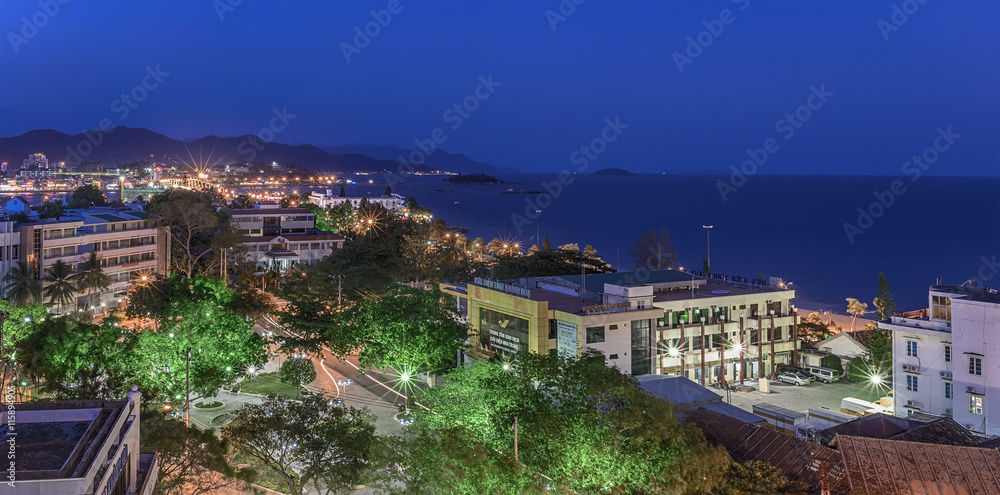 Vietnam, Nha Trang. May 2, 2015. Panorama. Night view of the city and sea.
