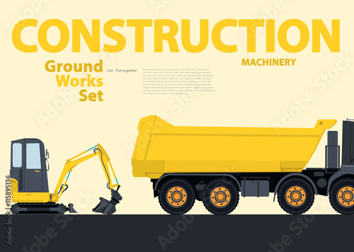 Yellow set of construction machinery machines vehicles, excavator. Construction equipment for building. Truck, Digger, Crane, Bagger, Mix, master vector illustration, nice ground works typography page