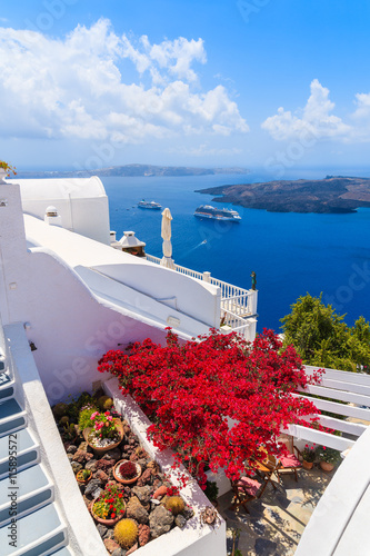 A view of caldera and typical red flowers on terrace of a house in Firostefani village, Santorini island, Greece