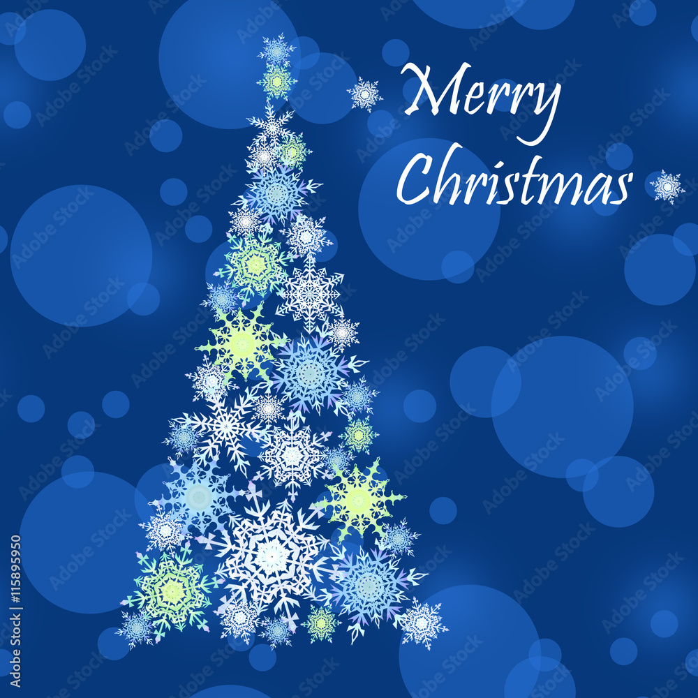 Card with abstract Christmas tree made of snowflakes on blue sky background. A festive Christmas illustration. Card with abstract Christmas tree made of snowflakes on blue sky background. A festive Christmas illustration.