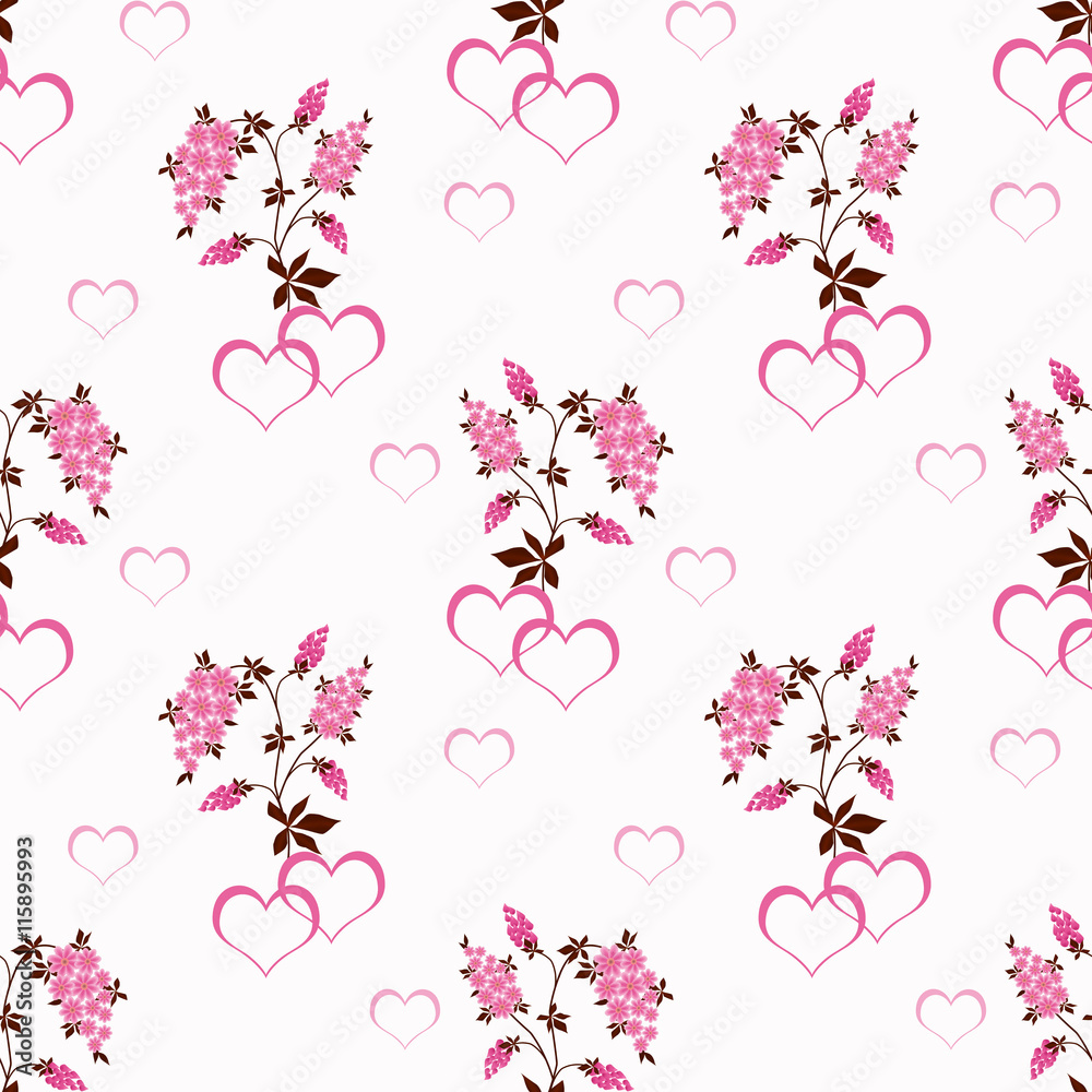 Floral seamless pattern in retro style, cute cartoon pink flowers white background.Retro summer cute style.