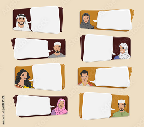Muslim people wearing traditional clothes talking with speech bubbles
