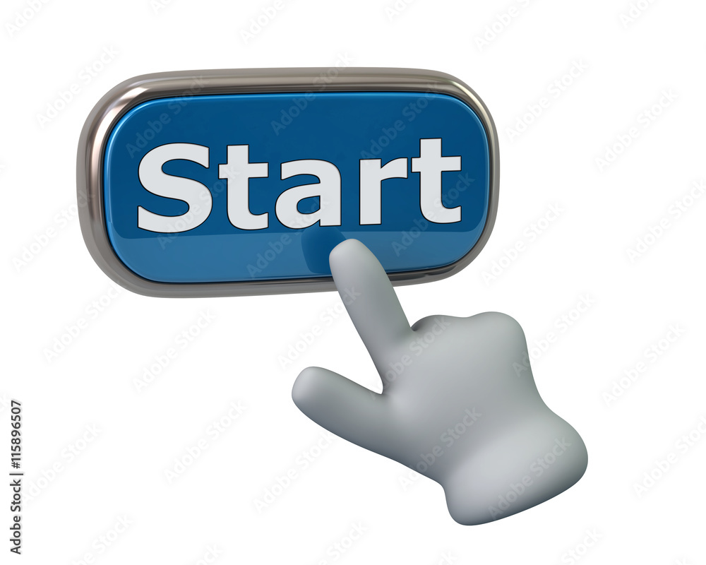 Hand pressing blue start button Hand pressing blue start button