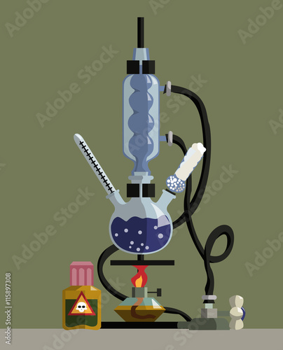 Installation for carrying out the synthesis with boiling under reflux. It consists of a three-necked flask, thermometer, reflux condenser and dryer