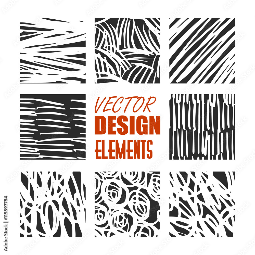 Hand drawn textures and brushes. Artistic collection of design elements: brush strokes, paint dabs, abstract backgrounds, patterns made with ink. Isolated vector.