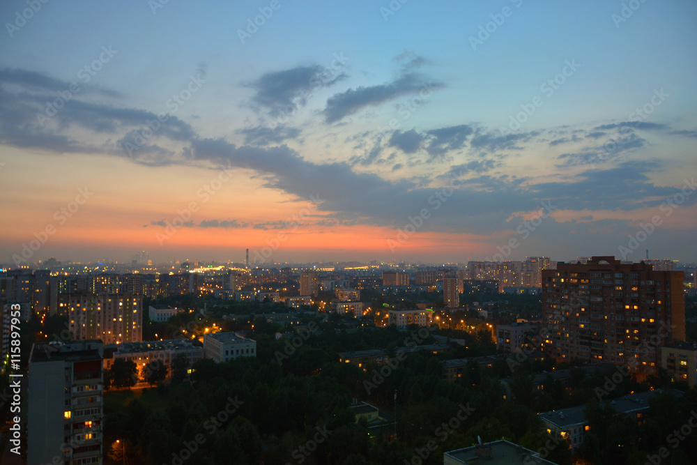 Landscape og Moscow city at night. Beautiful sunset in the capital of Russia. Moscow, Russian Federation.