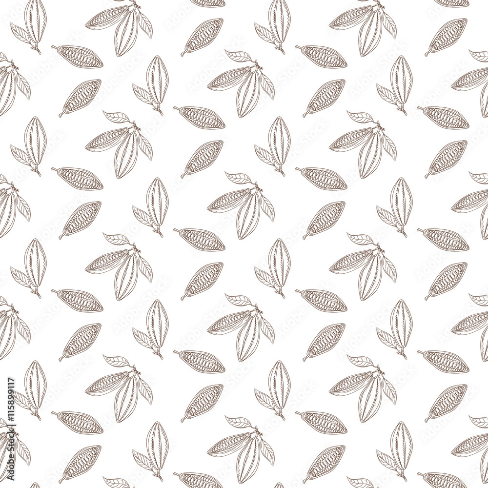 Cocoa beans outline seamless pattern. Chocolate white background. Organic raw cocoa beans line pattern.