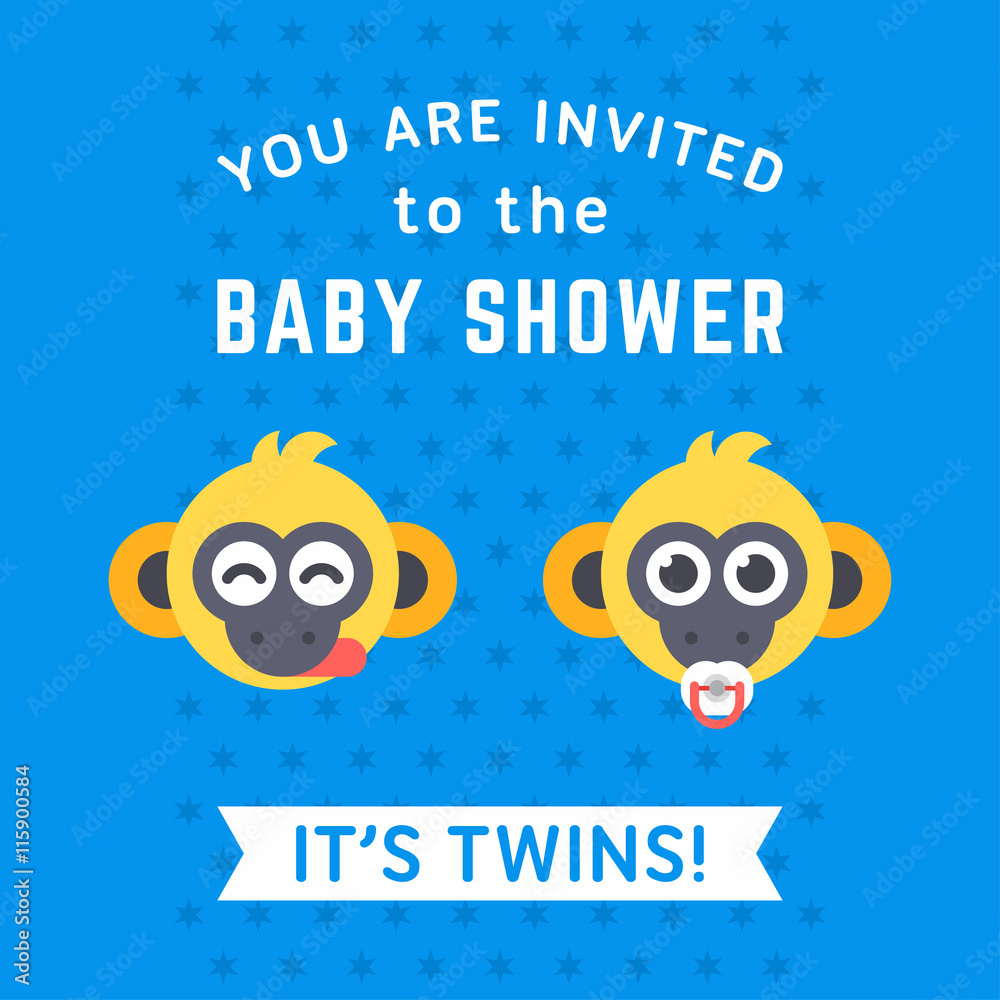 Baby shower invitation card template with two funny monkeys for twins. Colored flat vector invitation on blue background