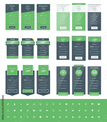 Set of Pricing Table Design Templates for Websites and Applications. Vector Pricing Plans with Icon Set. Green and Black Colors. Flat Style Vector Illustration