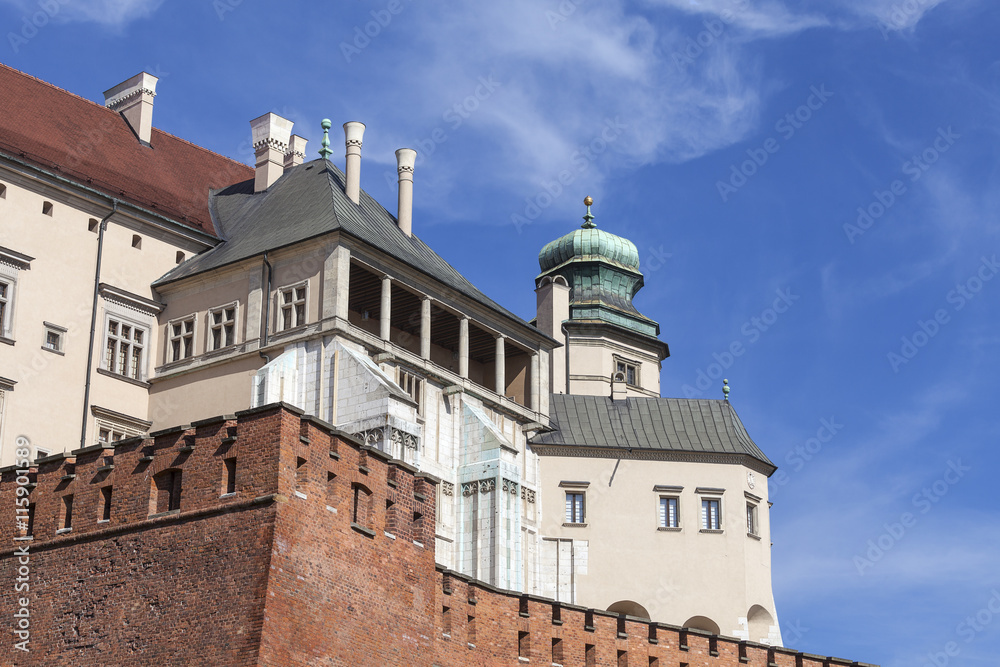 Wawel Royal Castle with defensive wall, Krakow, Poland