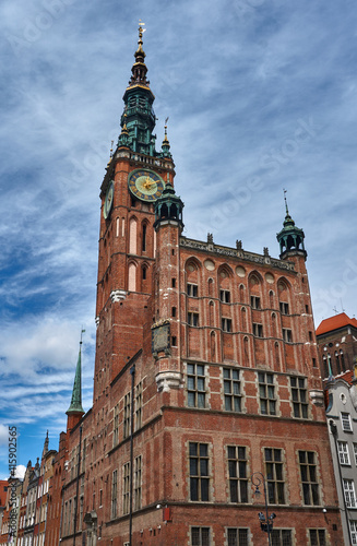 The historic town hall with clock tower of the Main City in Gdansk in Poland.