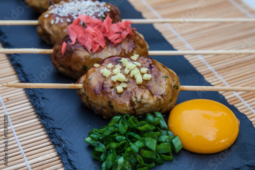 japanese cuisine, chicken meat ball Yakitori Tsukune.