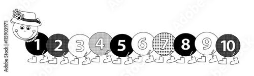 happy, smiling cute cartoon caterpillar with numbers / black and white vector educational illustration for children