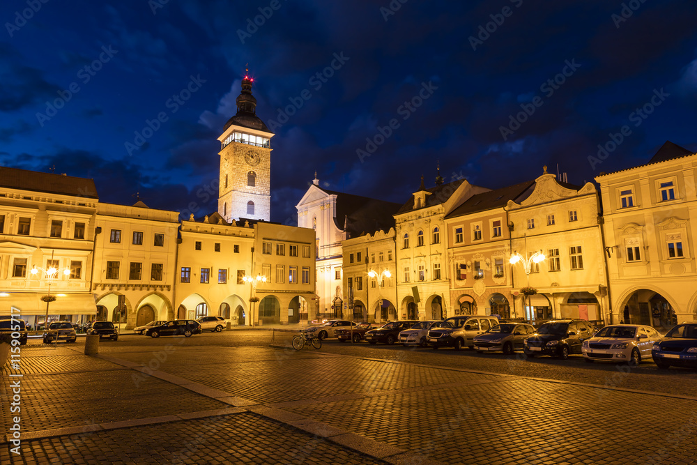 Historic centre of Ceske Budejovice at night, Budweis, Czech Republic