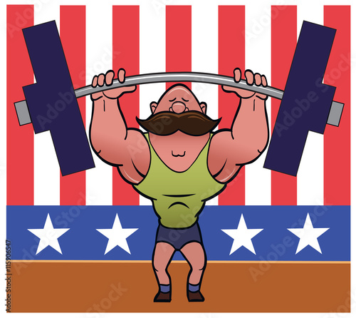 Power Lift / A man lifts a barbell over his head.