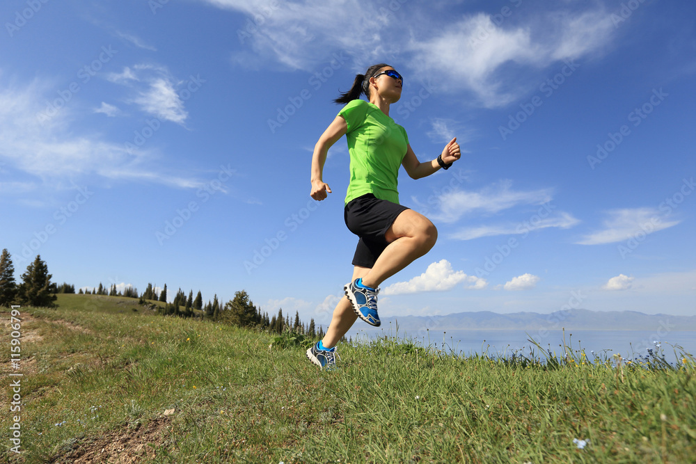 healthy young woman trail runner running on beautiful mountain peak healthy young woman trail runner running on beautiful mountain peak