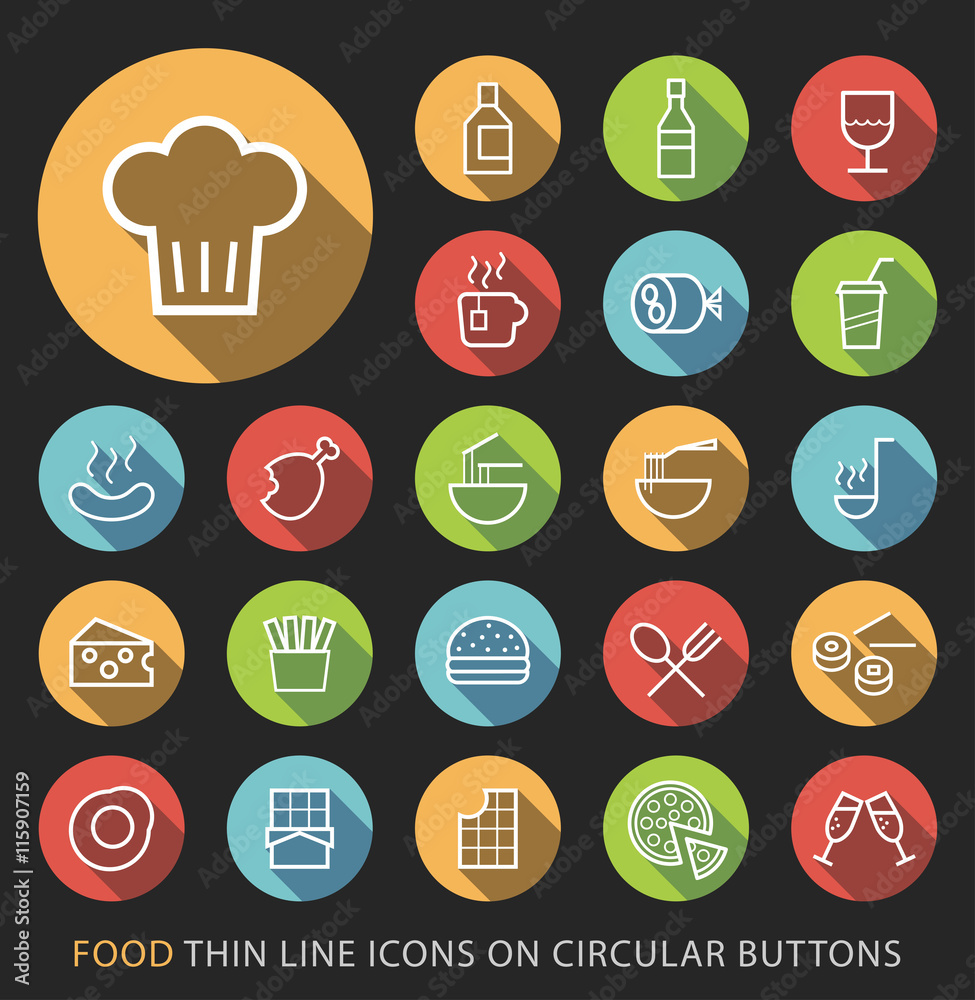 Set of Elegant Universal White Food Minimalistic Thin Line Icons on Circular Colored Buttons on Black Background. Set of Elegant Universal White Food Minimalistic Thin Line Icons on Circular Colored Buttons on Black Background.
