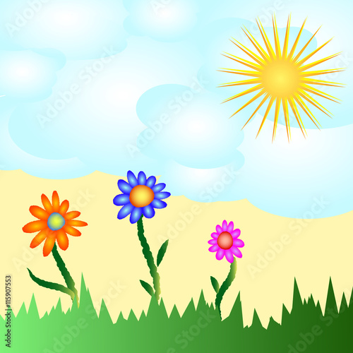 Solar flower card. Sky  clouds  sun and flowers on a background of grass  