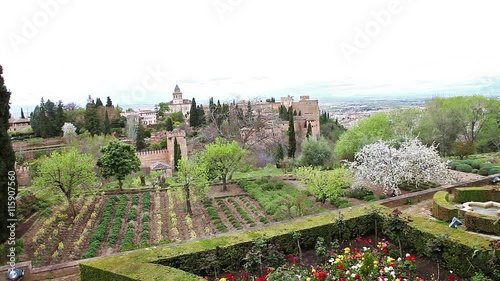 Gardens at Alhambra fortress of Granada aerial view. World famous Spanish Unesco heritage.