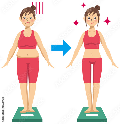 ダイエットをしている若い女性が体重計にのっているのイメージイラスト（ビフォーアフターセット）