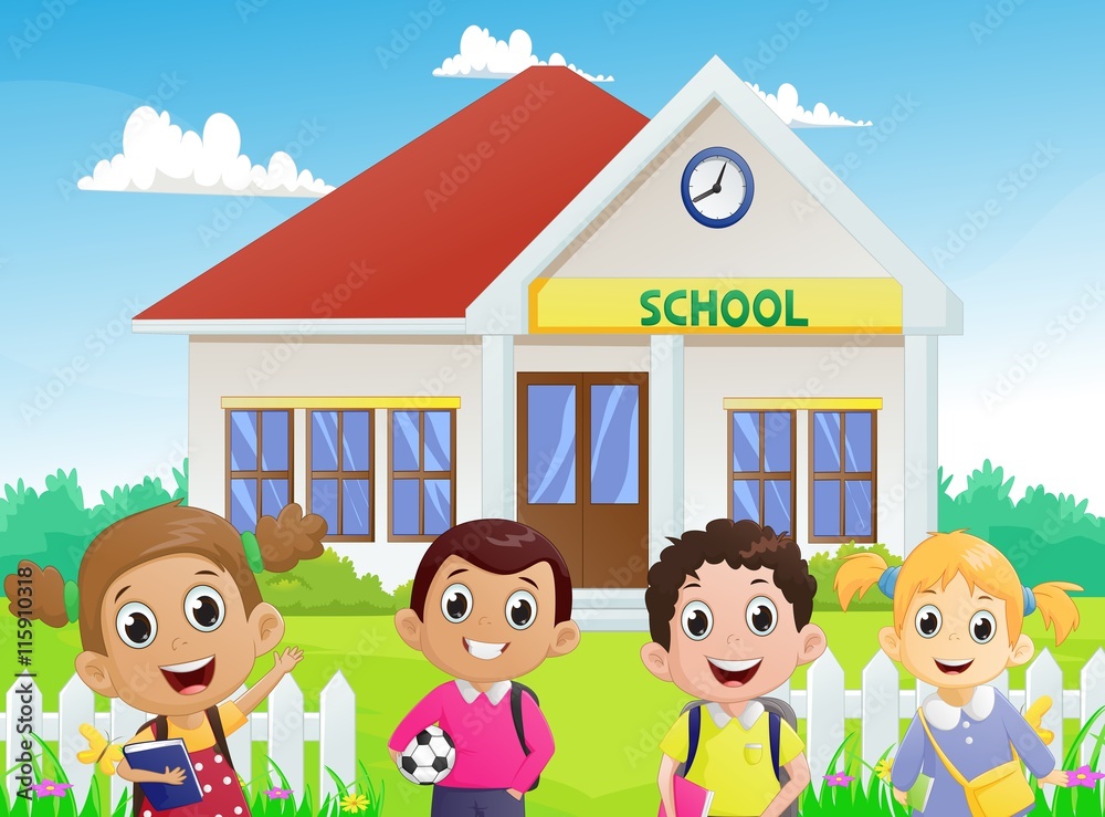 illustration of School children in front of the school building