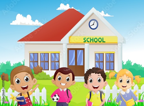illustration of School children in front of the school building