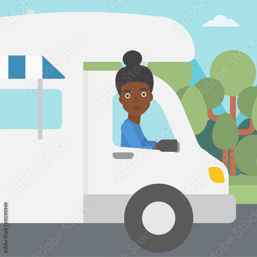 Woman driving motor home vector illustration.