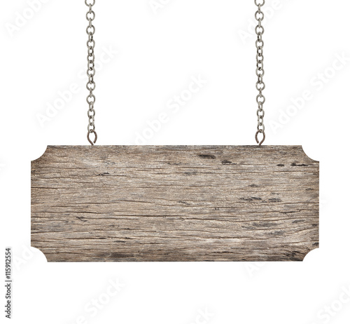 Wooden sign with chain isolated on white