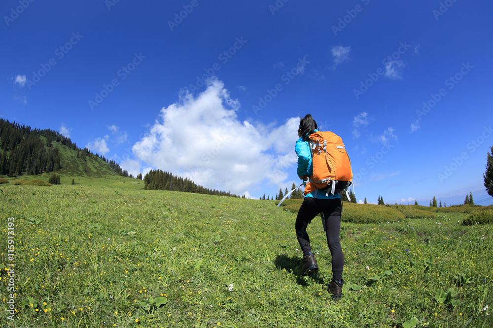 young woman backpacker hiking on beautiful mountain peak trail young woman backpacker hiking on beautiful mountain peak trail