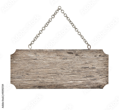 Wooden sign with chain isolated on white