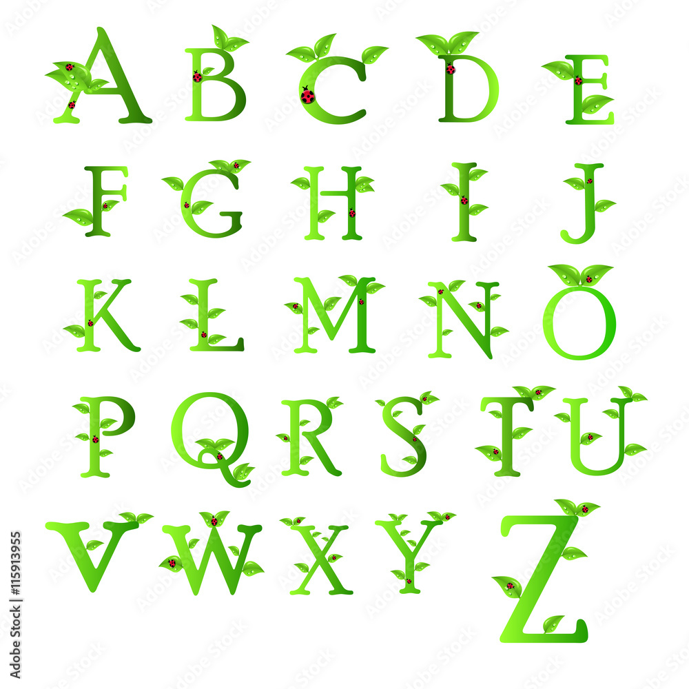 Letters of green leaves and water drops, original design font Collectio Letters of green leaves and water drops, original design font Collectio