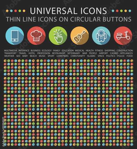Set of Elegant Universal White Minimalist Thin Line Icons on Circular Colored Buttons on Black Background.