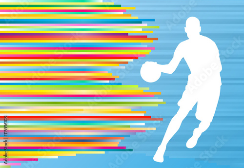 Basketball player white silhouette vector illustration on colorf