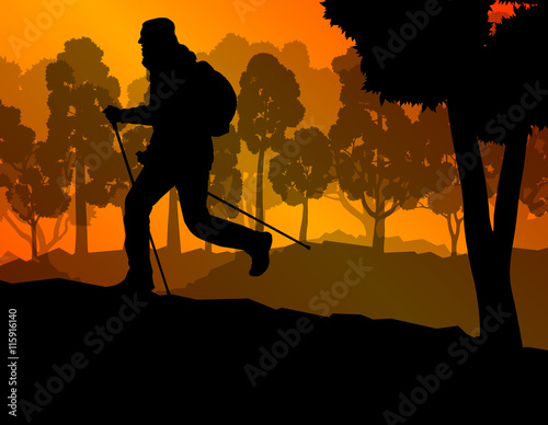 Man hiker Nordic walking with poles vector background forest mou