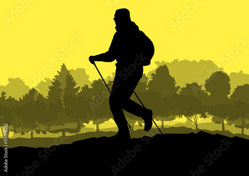 Man hiker Nordic walking with poles vector background forest mou