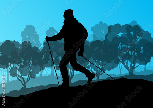 Man hiker Nordic walking with poles vector background forest mou