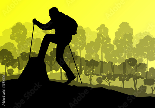 Man hiker Nordic walking with poles vector background forest mou