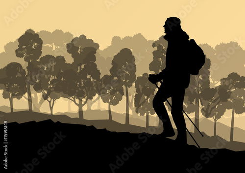 Man hiker Nordic walking with poles vector background forest mou