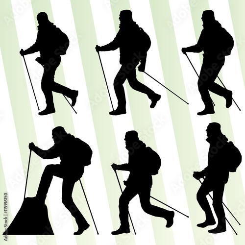Man hiking adventure nordic walking with poles vector illustrati