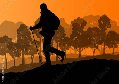 Man hiker Nordic walking with poles vector background forest mou